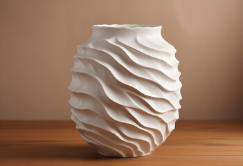 A white ceramic vase with a wavy, textured surface on a wooden surface against a blurred brown background