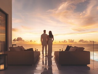 Attractive couple enjoying a sunset view from a private terrace, with a minimalist backdrop of sky and ocean, both dressed in evening wear, highlighting the romance and exclusivity of luxury living 