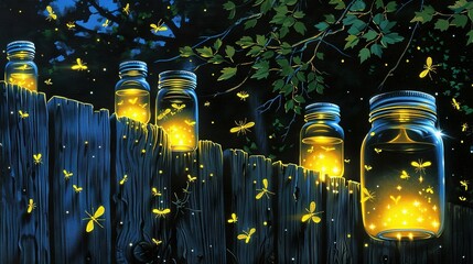 Wall Mural -   A mason jar fence at night, with fluttering butterflies and rustling leaves in the backdrop