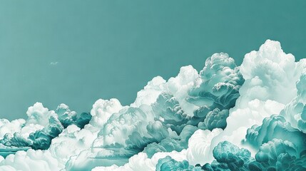 Wall Mural - a blue sky painting with white clouds, featuring a distant bird flying above