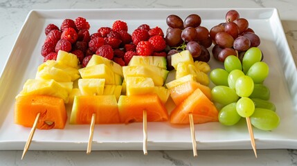 Wall Mural - An arrangement of colorful fruit skewers on a white platter, with pieces of pineapple, melon, grapes, and berries, ready to be served at a summer party