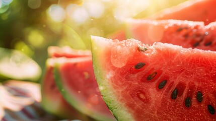 Wall Mural - Close-up shot of freshly sliced watermelon, with its bright red flesh and black seeds glistening in the sunlight, set against a summer picnic backdrop