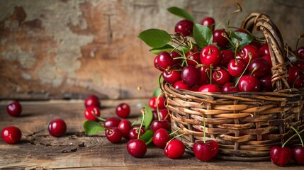 Wall Mural - Freshly picked cherries in a woven basket, with some cherries spilling out onto a rustic wooden table, capturing their rich red hue