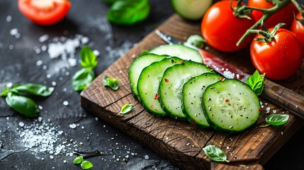 Freshly sliced cucumbers and tomatoes arranged on a wooden cutting board, with a sprinkle of sea salt and a sharp knife beside them
