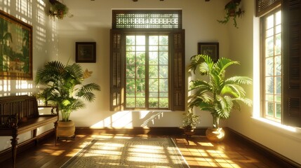 interior of a Kerala house with an open window, showcasing wooden furniture, traditional decor