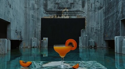 Wall Mural -   A glass of drink sits on a table beside a piece of fruit