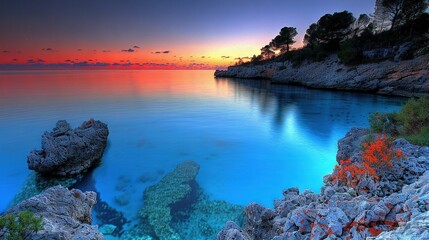   Surrounded by rocks, a shoreline with red and blue sunset