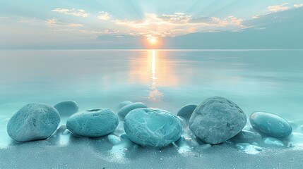 Poster -   A cluster of stones resting atop a sandy shore, adjacent to the sea and beneath a cloudy sky, with the sun in the background