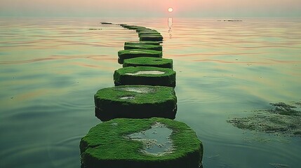 Canvas Print -   A line of stepping stones in the center of a water body, bathed by a distant sunset