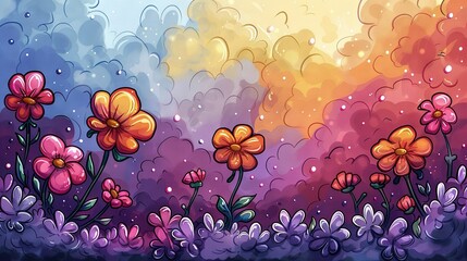Wall Mural -   A vibrant painting showcases a meadow of blossoms beneath a radiant sky filled with clouds