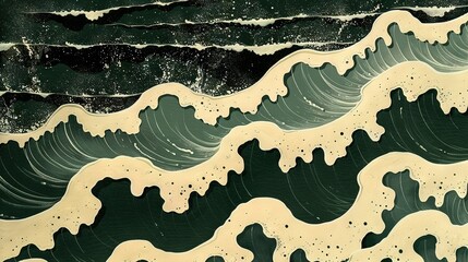 Wall Mural -  A monochrome canvas featuring lively green-white waves against a stark black-white backdrop, topped with scattered white specks at the wave's base