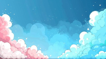 Wall Mural -   A painting depicts a blue sky with white clouds and a prominent pink star in its center Additionally, another painting illustrates a blue sky filled with glistening white stars in the middle