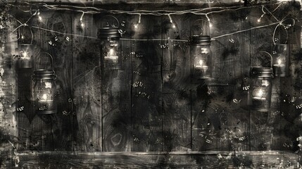 Wall Mural -   A monochromatic picture captures a strand of lights draped on a wooden panel, as well as another string suspended from the side of the panel