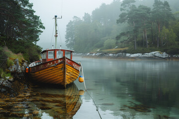 Wall Mural - Fishing boat anchored in a quiet cove