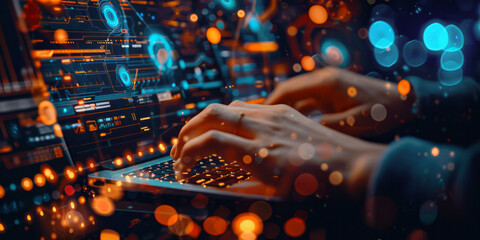 Hands Typing on Futuristic Keyboard with Glowing Data Interface