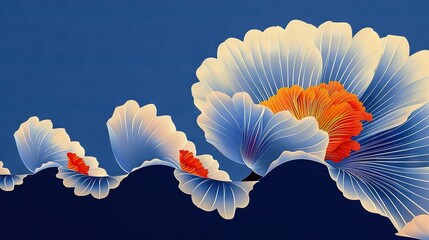 Wall Mural -  Blue and orange flowers on a blue background with a red center in the image's middle
