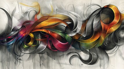 Wall Mural -   A painting featuring vibrant swirls in various shades on a white backdrop, encircled by a black outline