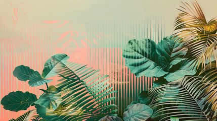 Wall Mural -  A stunning painting depicts vibrant tropical foliage against a pink and green backdrop, with a captivating pink-blue stripe dividing the composition in half