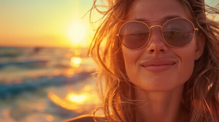 A woman wearing sunglasses enjoys a golden sunset at the beach, with the warm light creating a dreamy, relaxed atmosphere that highlights her carefree and joyful demeanor.