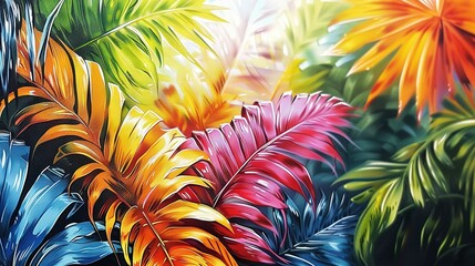 Wall Mural -   A painting depicts a plant with colorful leaves and flowers in detail