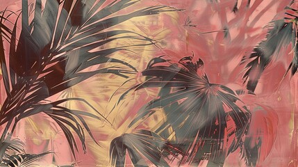 Wall Mural -   Painting of palm trees in front of a pink wall with a yellow-pink sky