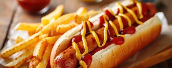 Wall Mural - A hot dog with mustard and ketchup is served with french fries. The image conveys a casual and relaxed atmosphere.