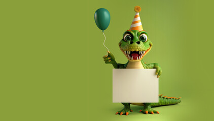 Wall Mural - Cute Cartoon Birthday Aligator Holding a Blank Sign on a Green Background with Space for Copy