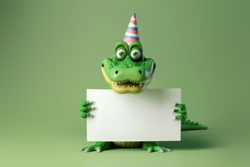 Wall Mural - Cute Cartoon Birthday Aligator Holding a Blank Sign on a Green Background with Space for Copy