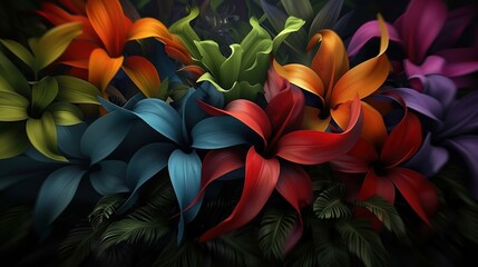 Wall Mural -   A close-up of several flowers with their leaves positioned at the base of each flower, appearing as if they are connected to the ground