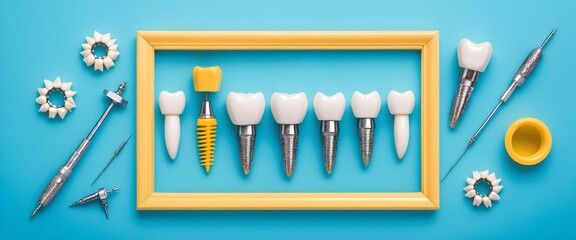 Poster - Dental model and equipment on blue background. Healthy tooth