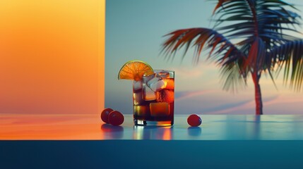   A glass of orange juice with an orange slice on the rim, set against a tropical background with a palm tree silhouette