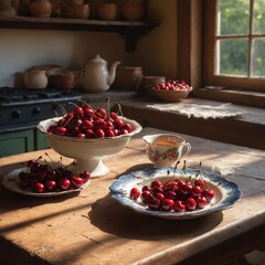Wall Mural - Cozy rustic kitchen interior with cherry fruits on old wooden table.