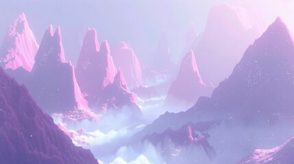 Wall Mural -  a mountain range in a foggy, pink hued sky