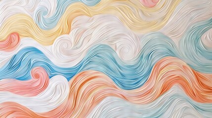Wall Mural -   A close-up of a wall with a wave design featuring blue, orange, yellow, red, white, orange, and blue, with pink highlights