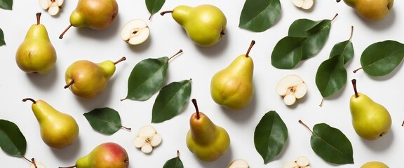 Wall Mural - Pear fruits with green leaves on white background. Top view