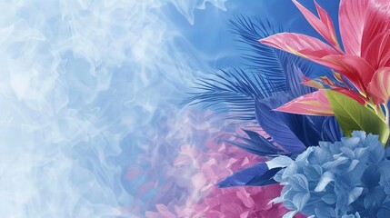 Wall Mural -   A close-up of a vibrant bouquet against a serene blue and pink backdrop, with a soft palm tree in the foreground