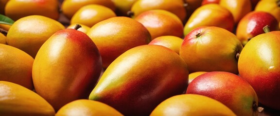 Wall Mural - Fresh ripe mango fruits in pile, harvest season. Food background. Generative AI