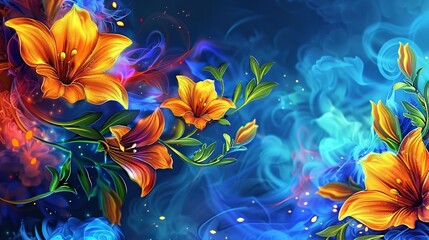 Wall Mural -   Orange-blue flower painting with green leaves on dark blue background and blue-yellow swirls