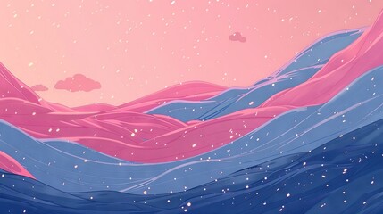 Wall Mural -  Pink-blue mountain with snow falling, pink sky backdrop