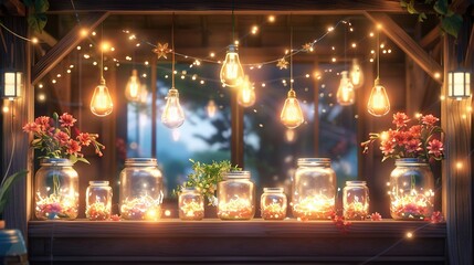 Wall Mural -   A set of mason jars brimming with blooms and illuminated by twinkling lights, positioned before a glass pane at nightfall