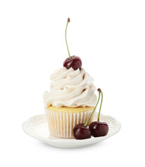 Wall Mural - Delicious cupcake with cream and cherries isolated on white