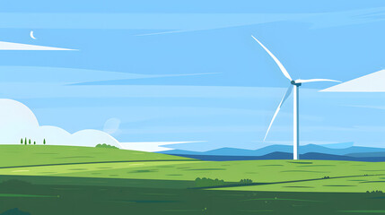 Wall Mural - windturbine on green field. flat vector graphic. simple. green, blue, grey