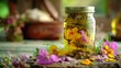 © Justlight - A jar of homemade pickles flad with the subtle sweetness of wild geranium blossoms perfect for snacking or gifting.