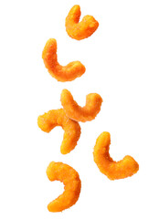 Wall Mural - Tasty fried shrimps falling on white background