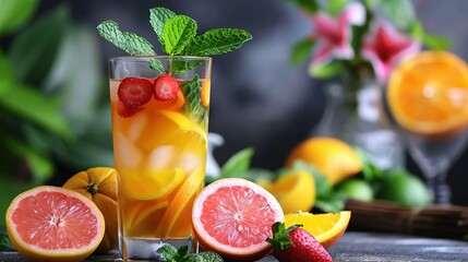 Wall Mural -   Close-up of a glass of drink with fruit on the side and strawberries nearby