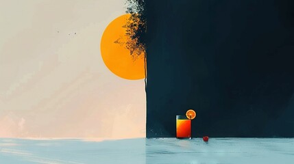 Poster -   A painting of an orange slice on ice, with a tree and yellow sun in the background