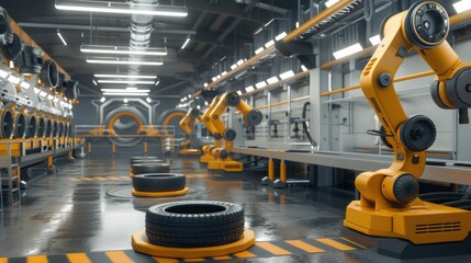Poster - A yellow industrial robotic arm is in a factory setting, assembling tires in a row.