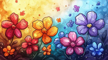 Wall Mural -   Colorful flowers and butterflies on a vibrant background with bubbles