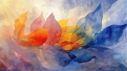 Wall Mural -  A watercolor painting depicts multicolored foliage against a backdrop of blue, yellow, orange, and pink hues