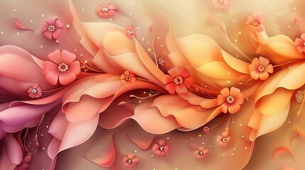 Wall Mural -   A vibrant painting showcases pink and yellow flowers against a backdrop of these hues, with a graceful white butterfly hovering above the blossoms